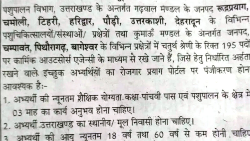 उत्तराखंड में फोर्थक्लास के 195 पदो पर आउटसोर्स एजेंसी से भर्ती,,,,,,,