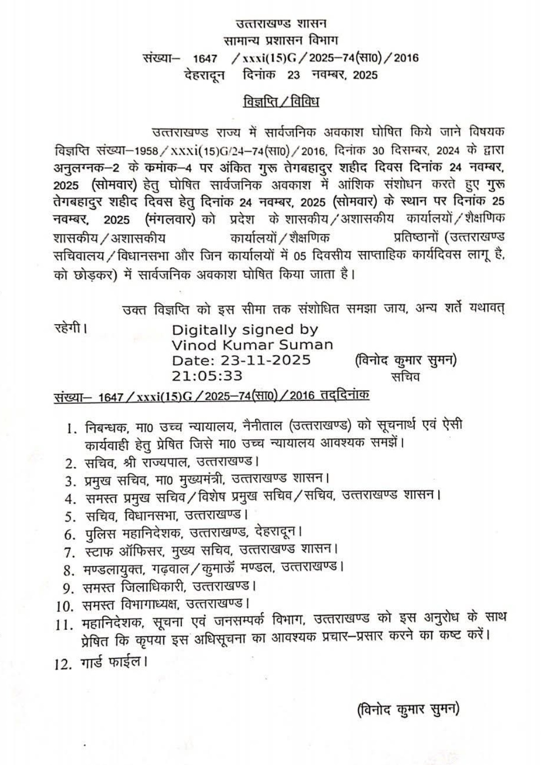 उत्तराखंड “गुरु तेग बहादुर शहीद दिवस” पर 24 की जगह 25 नवंबर को उत्तराखण्ड में होगा सार्वजनिक अवकाश,,,,,.